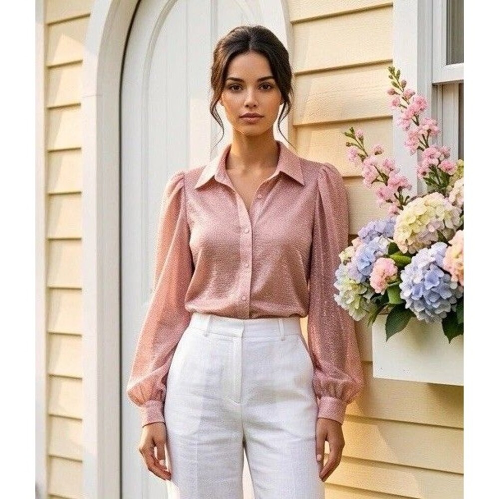 HYFVE Pink Solid Glitter Woven Collared Button Front Puff Long Sleeve Blouse M